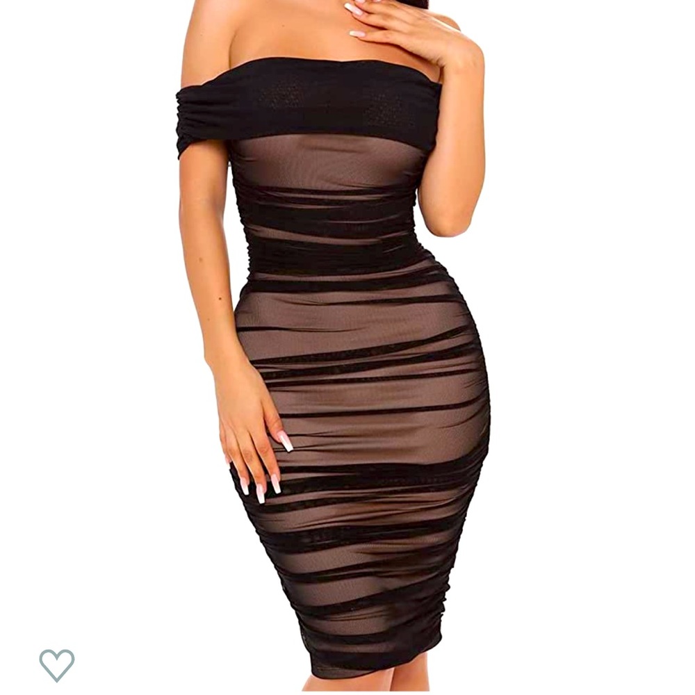 Pofash Women's One Shoulder Sleeveless Mesh Ruched Cocktail MIDI Bodycon Dress